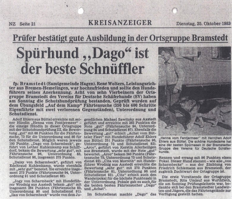 Zeitungsartikel Oktober 1983 &ndash; Sp&uuml;rhund Dago