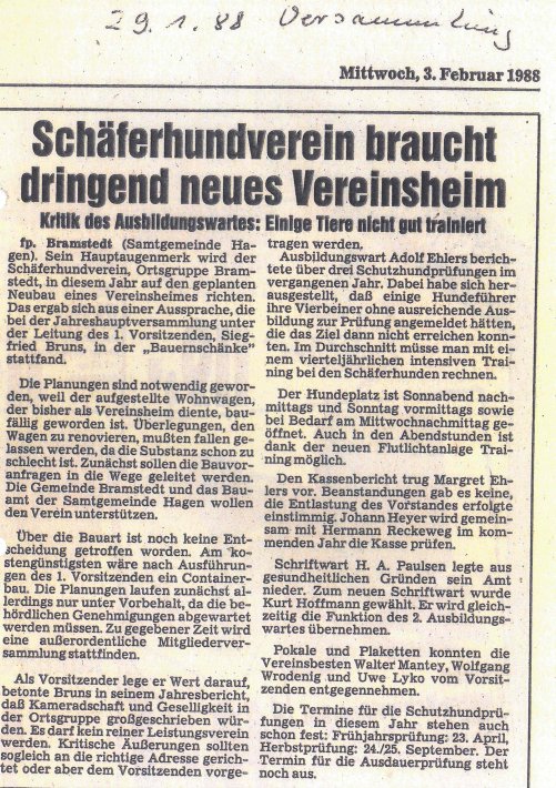 Zeitungsartikel Januar 1988 - Bedarf nach neuem Vereinsheim