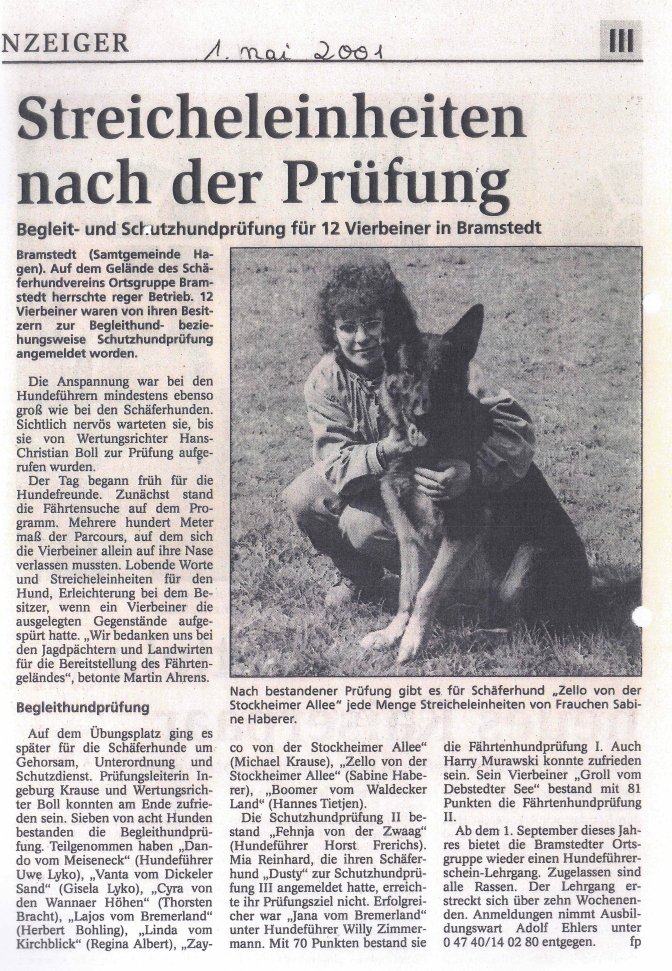 Zeitungsartikel Mai 2001 - Pr&uuml;fung mit 12 Hunden