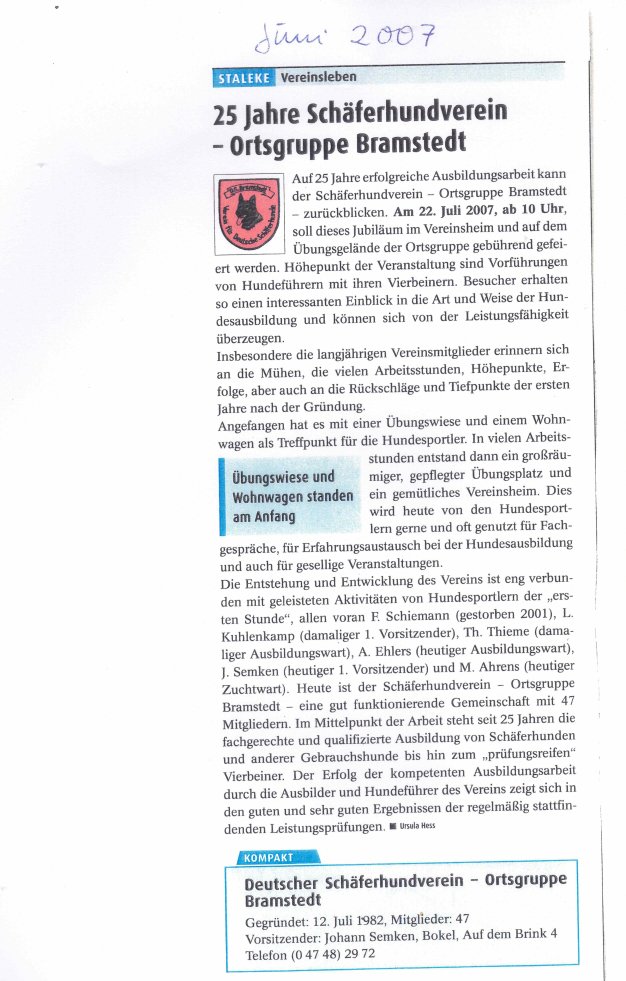 Zeitungsartikel Juni 2007 - Ank&uuml;ndigung Jubil&auml;um